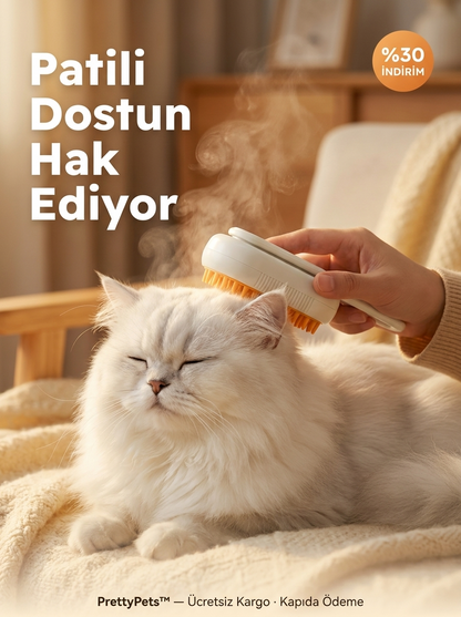 PrettyPets™ Buharlı Kedi & Köpek Tarağı — USB Şarjlı, Silikon Masaj Başlıklı, Tüy Dökülme Önleyici