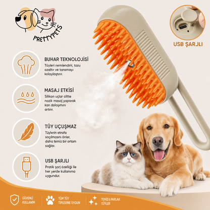 PrettyPets™ Buharlı Kedi & Köpek Tarağı — USB Şarjlı, Silikon Masaj Başlıklı, Tüy Dökülme Önleyici
