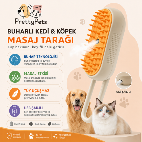 PrettyPets™ Buharlı Kedi & Köpek Tarağı — USB Şarjlı, Silikon Masaj Başlıklı, Tüy Dökülme Önleyici